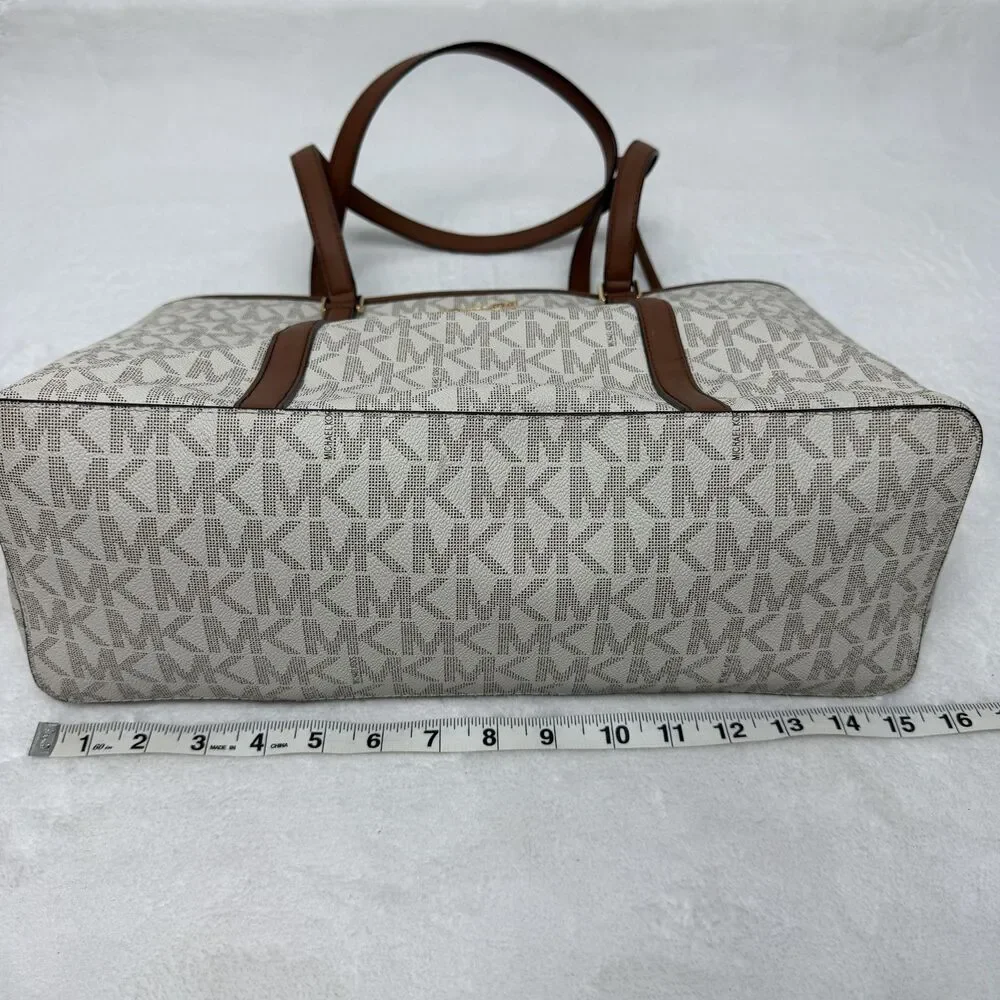 Michael Kors Tote Bag Womens Large Beige Logo Canvas Leather Trim Zip Gold Charm